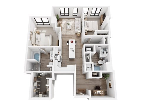 Floor plan for 1 bed, 1.5 baths, 935 sqft